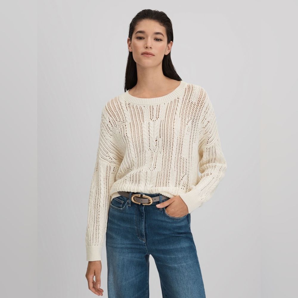 Reiss • Tanya Cotton Blend Open Stitch Crew Neck Sweater Ivory